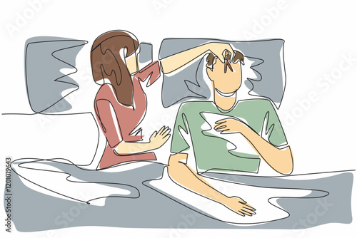 Single continuous line drawing wife covers nose of husband with clothespin. Sleep disorders can come from anywhere. Struggling to fall asleep. Stop Snoring Week. One line design vector illustration