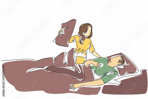 Single one line drawing wife holding pillow to smother husband. Disturbing the comfort of resting. Sleep disturbance from a loved one Stop Snoring Week. Continuous line design graphic illustration