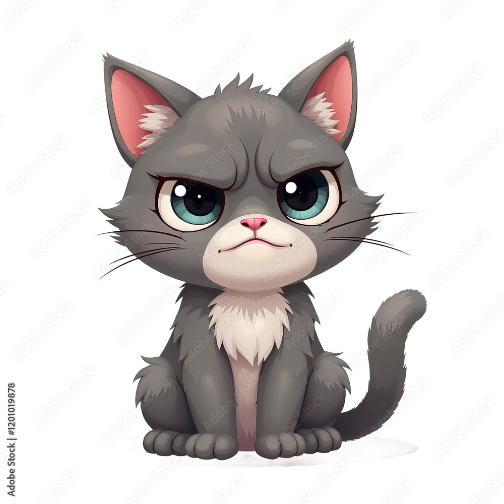 Obraz premium Gray cat with fluffy white chest and big blue eyes on transparent background
