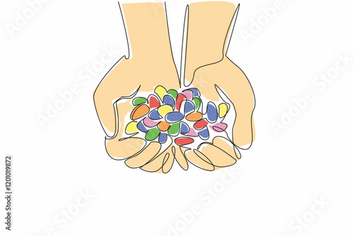 Single continuous line drawing hand holding a pile of colorful jelly beans. Preparing to watch while snacking on sweet snacks. Delicious. National Jelly Bean Day. One line design vector illustration