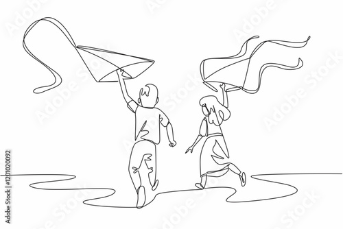 Continuous one line drawing a boy and a girl run while holding a kite. Decorative kites ready to be flown. Playing together. Holiday. Go Fly a Kite Day. Single line draw design vector illustration