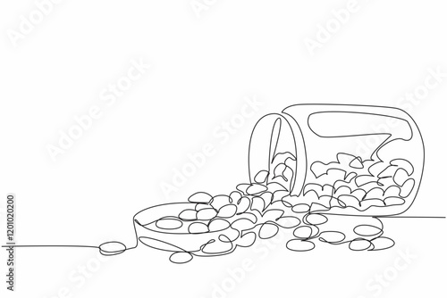 Single continuous line drawing colorful jelly beans placed in a glass jar that fell. Snack that children fight over. Addictive sweet taste. National Jelly Bean Day. One line design vector illustration