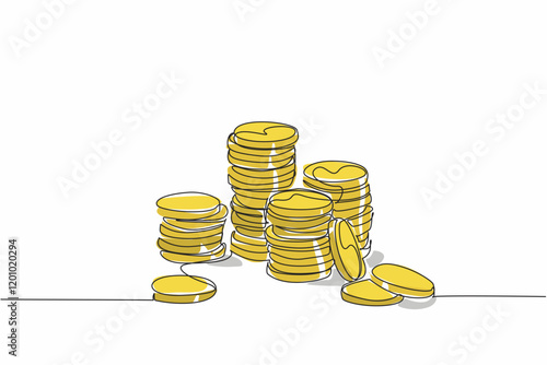 Single continuous line drawing the stacks of coins of varying heights. Gold coin money. Financial readiness is still inadequate. Different abilities. Coin Week. One line design vector illustration