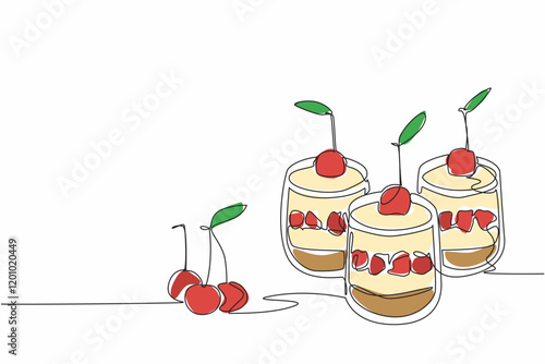 Single one line drawing 3 cups of cherry cheesecake. Ease of serving. Delicious cake in small version. Delicious. Savory. National Cherry Cheesecake Day. Continuous line design graphic illustration
