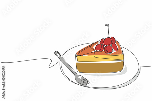 Continuous one line drawing cherry cheesecake cut on a small round plate. Cherry topping adds freshness. Delicious. Tasty. National Cherry Cheesecake Day. Single line draw design vector illustration
