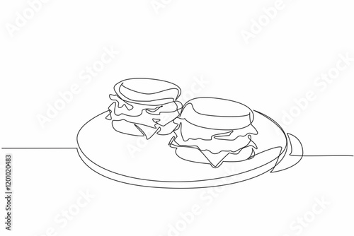 Single continuous line drawing 2 pcs English muffins on a round wooden cutting board. Will be served to a more appropriate place. National English Muffin Day. One line design vector illustration photo