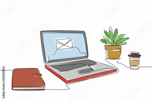 Single continuous line drawing laptop on the desk showing a picture of a large envelope. Important email notifications enabled. Technology. National Email Day. One line design vector illustration