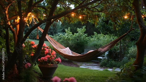 Fototapeta Naklejka Na Ścianę i Meble -  Serene Evening Hammock Scene Underneath Twinkling Lights