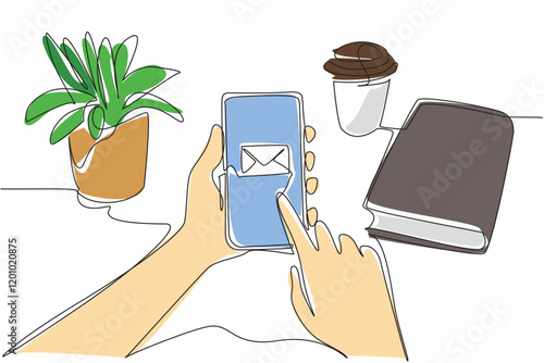 Continuous one line drawing hand looking at email logo from smartphone. Technological advancement. Replying emails from mobile phones. National Email Day. Single line draw design vector illustration