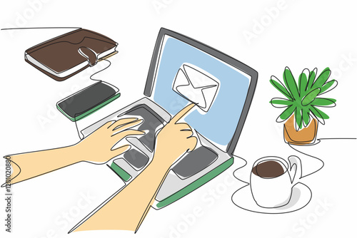 Single continuous line drawing hands typing on laptop. Laptop with touch screen. Open emails just by touching the screen. Technology advances. National Email Day. One line design vector illustration