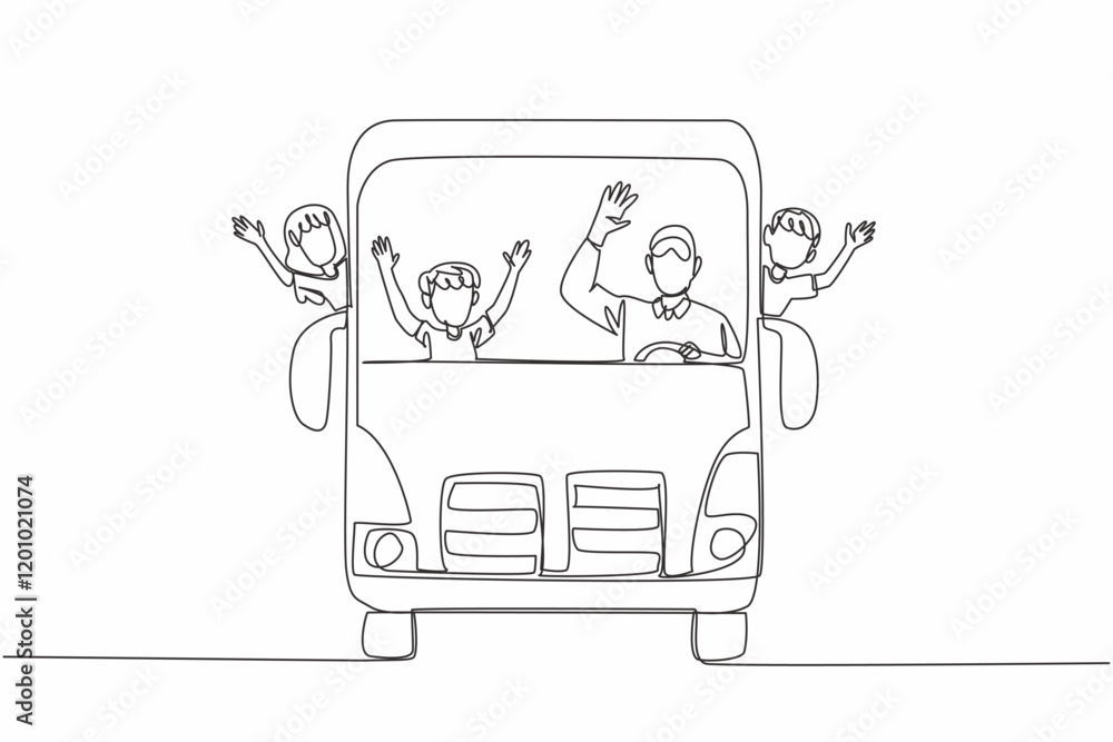 Single one line drawing school bus with bus driver and some students. Always a pleasant atmosphere when going to school. School Bus Driver Appreciation Day. Continuous line design graphic illustration Single one line drawing school bus with bus driver and some students. Always a pleasant atmosphere when going to school. School Bus Driver Appreciation Day. Continuous line design graphic illustration