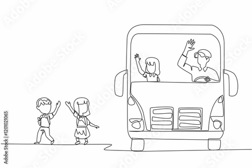 Single continuous line drawing 2 male and female students walking out of the school bus. Take the home safely. Responsible. School Bus Driver Appreciation Day. One line design vector illustration