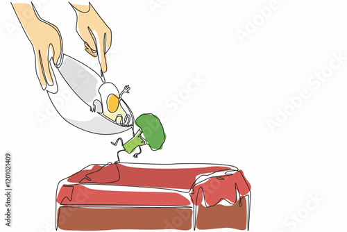 Single continuous line drawing hands throwing fried eggs and broccoli from the bowl into trash. Food who do not like to throw away. Bad habits. Stop Food Waste Day. One line design vector illustration
