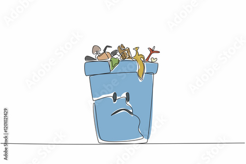 Single continuous line drawing trash can is filled with lots of leftover food. Trash can sad character because of wasteful behavior. Redundant. Stop Food Waste Day. One line design vector illustration