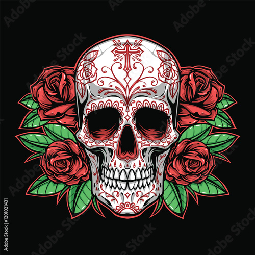sugar skull and red roses illustration