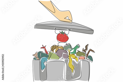 Continuous one line drawing hand closes trash can. Rejected tomato character so as not to be closed. Must not be wasteful. Redundant. Stop Food Waste Day. Single line draw design vector illustration