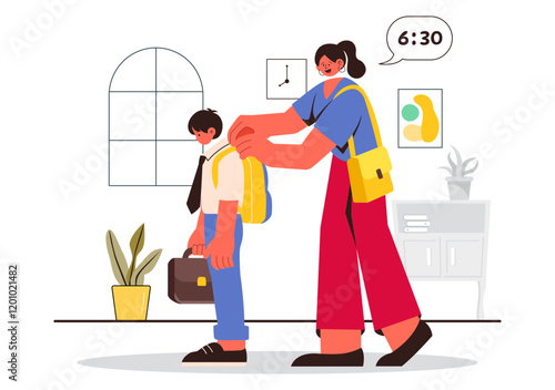 Morning Rush Vector Illustration featuring People Rushing to Businesses, Morning City Life, Time Management, and the Urgency of Time Running Out