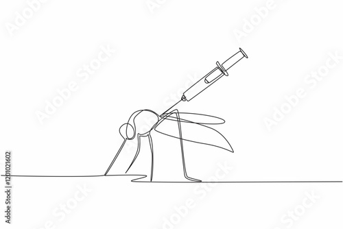 Single one line drawing syringe injection that injects large mosquitoes. Malaria can be prevented by vaccines. Stop with healthy living. World Malaria Day. Continuous line design graphic illustration