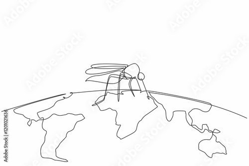Single one line drawing semicircular world map with big mosquito on it. Malaria-spreading mosquitoes all around. Be alert. Live healthy. World Malaria Day. Continuous line design graphic illustration