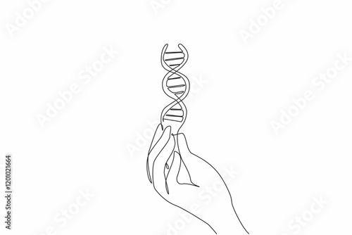 Single one line drawing hand with a gesture of cupping fingers and there is a DNA symbol. Taking blood samples for random checks. Health. National DNA Day. Continuous line design graphic illustration