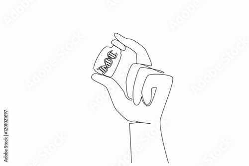 Single continuous line drawing hand holding a vaccine bottle and inside there is a DNA symbol. Researchers conducted genetic checks. Research. National DNA Day. One line design vector illustration