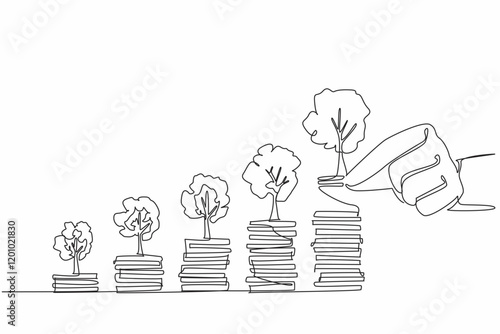 Continuous one line drawing 5 stacks of coins with a tree on top. The more investment, the more profit. Financial planner. National Financial Awareness Day. Single line draw design vector illustration