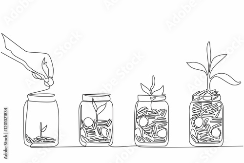 Single one line drawing hand inserts a coin into a jar containing a pile of coins and a tree. Investment for the future. National Financial Awareness Day. Continuous line design graphic illustration