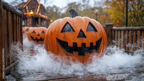 Jack-o'-lantern path, autumn park, fog, Halloween photo