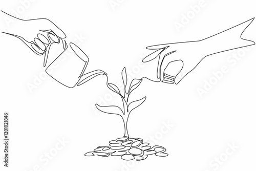 Single continuous line drawing stack of coins grow small plants. Symbolism of investment. Investing capital for profit growth. National Financial Awareness Day. One line design vector illustration