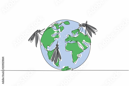 Single continuous line drawing several mosquitoes of various sizes stick to the globe. Massive spread of disease-carrying mosquitoes. Stop it. World Malaria Day. One line design vector illustration