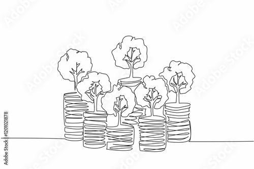 Single one line drawing some stacks of coins with trees. Symbol of investment. Investment rather than wasteful behavior. National Financial Awareness Day. Continuous line design graphic illustration