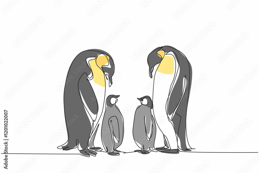 Obraz premium Single continuous line drawing two adult penguins standing facing each other and two chicks. The discussion of the emperors. Summer migration. World Penguin Day. One line design vector illustration