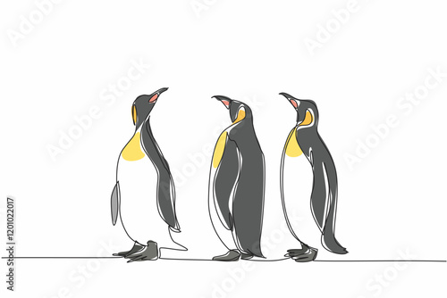 Single one line drawing three adult penguins standing. Observing the surrounding area. Avoiding danger. Looking for food. The emperor. World Penguin Day. Continuous line design graphic illustration