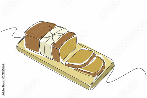 Single one line drawing zucchini bread sliced ​​on a wooden cutting board. Snacks ready to be served to consumers. Healthy. National Zucchini Bread Day. Continuous line design graphic illustration