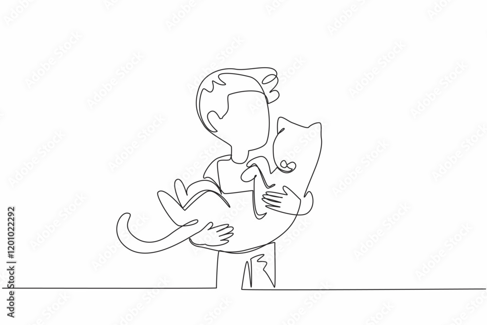 Continuous one line drawing boy holding cat. A positive attitude and gesture that is contagious to animals. Close friendship. National Kids and Pets Day. Single line draw design vector illustration Continuous one line drawing boy holding cat. A positive attitude and gesture that is contagious to animals. Close friendship. National Kids and Pets Day. Single line draw design vector illustration