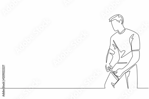 Single continuous line drawing the man uses a measuring tape to measure his thighs around his thighs. Measuring muscle mass in the thigh. Love Your Thighs Day. One line design vector illustration