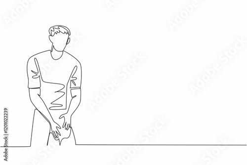 Single one line drawing a man holds his thighs with both hands. Lack of stretching leads to injury. Stiff muscles. Minor injury. Love Your Thighs Day. Continuous line design graphic illustration