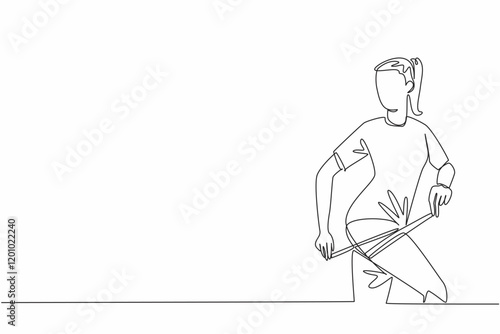 Single continuous line drawing a woman shaves her thighs with a measuring tape wrapped around her thighs. Exercises to tone thigh muscles. Love Your Thighs Day. One line design vector illustration