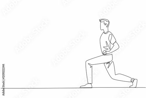 Continuous one line drawing man doing exercise by holding waist. Stretching. Avoid stiffness or cramps in the thighs during exercise. Love Your Thighs Day. Single line draw design vector illustration