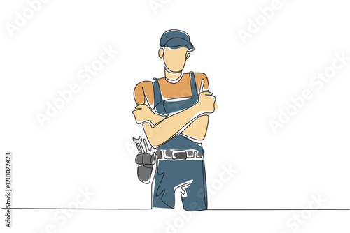 Single continuous line drawing a male plumber crosses arms and hugs himself. Feelings of excessive self love. The professional expert. National Hug A Plumber Day. One line design vector illustration