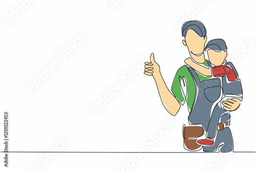 Single continuous line drawing male plumber giving thumbs up gesture while holding son. Feeling of missing. Let go of longing with hug. National Hug A Plumber Day. One line design vector illustration