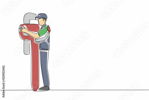 Continuous one line drawing a male plumber hugging each other with a big wrench. A loyal friend who is always there. The expert. National Hug A Plumber Day. Single line draw design vector illustration