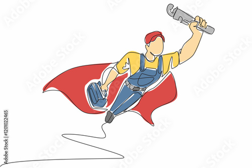 Single one line drawing male plumber flying with equipment in hand. Super hero who is always ready anytime. The expert. Professional. National Plumber Day. Continuous line design graphic illustration