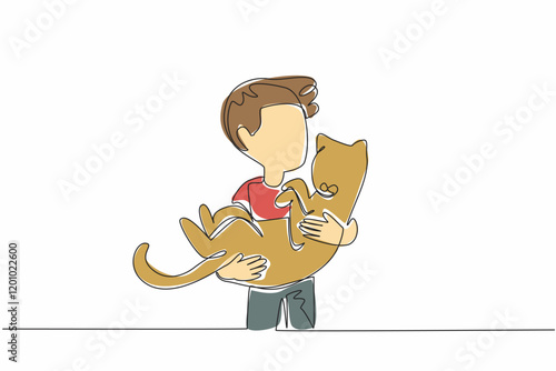 Continuous one line drawing boy holding cat. A positive attitude and gesture that is contagious to animals. Close friendship. National Kids and Pets Day. Single line draw design vector illustration