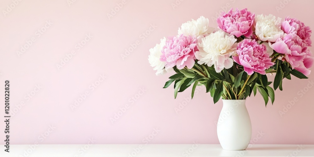Fresh pink and white peonies in a white vase on a light table against a soft pink background with ample copy space on the right side. Fresh pink and white peonies in a white vase on a light table against a soft pink background with ample copy space on the right side.