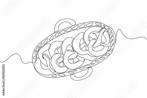 Continuous one line drawing 5 pretzels lined up on a wicker basket. Food display in a cake shop. Presentation invites buyers. Sweet. National Pretzel Day. Single line draw design vector illustration