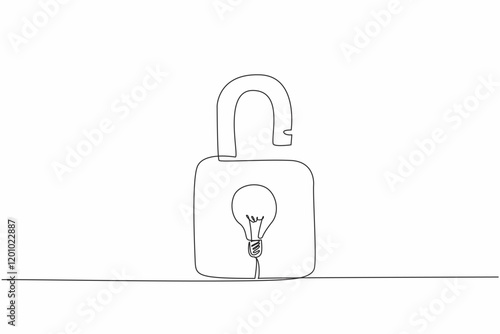 Continuous one line drawing a padlock with a light bulb in the middle. Works originating from ideas protected by patents. World Intellectual Property Day. Single line draw design vector illustration