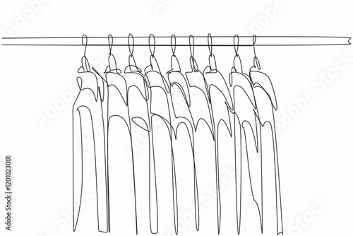 Single continuous line drawing clothes hanger with several shirts of various colors hanging. Ironed, ready to wear. Hang it there are no creases. Get Organized Day. One line design vector illustration