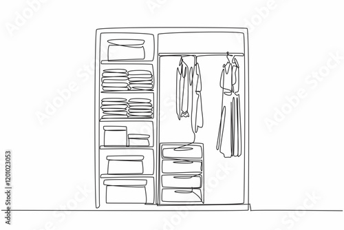 Continuous one line drawing wardrobe with several compartments containing piles of clothes and boxes. Walk in closet in corner of room. Get Organized Day. Single line draw design vector illustration