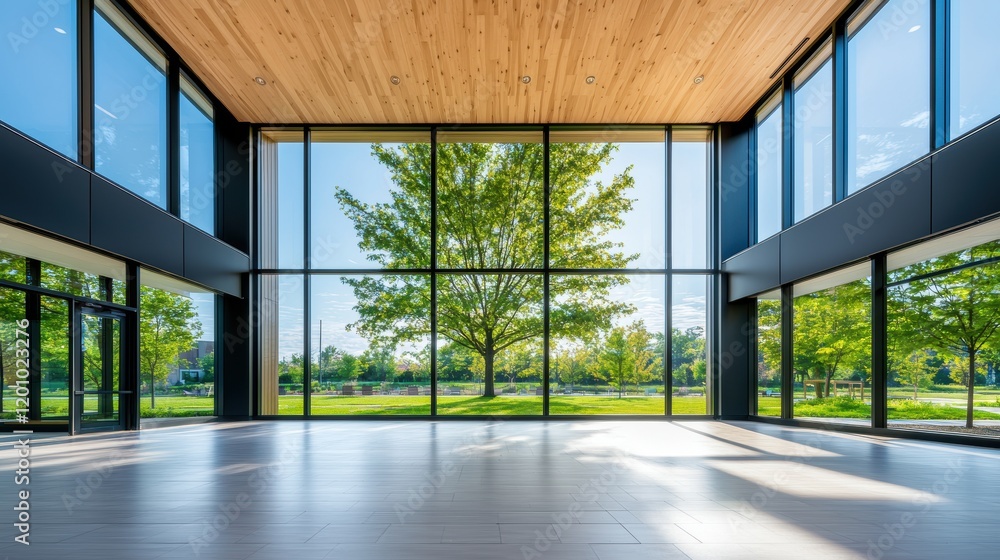 Obraz premium Modern Classroom with Desks and Chairs A modern classroom with large windows offering natural light and views of greenery, creating a calming and inspiring learning environment.